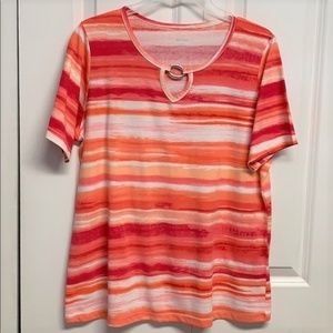 Alia Multi Bright Color Strip Peek a Boo Neckline Cotton Blend Tee Shirt Size M